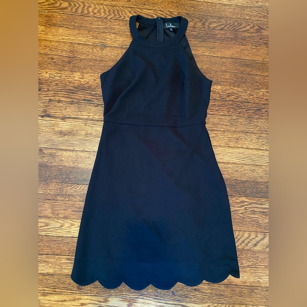 Lulu’s black halter mini dress with scalloped hem, size small